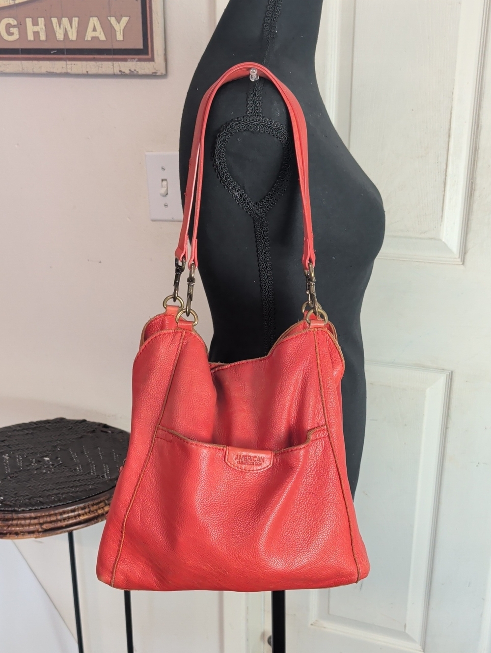 American leather Co Austin Triple Entry Bucket Red Hobo Soft Texture Leather Bag